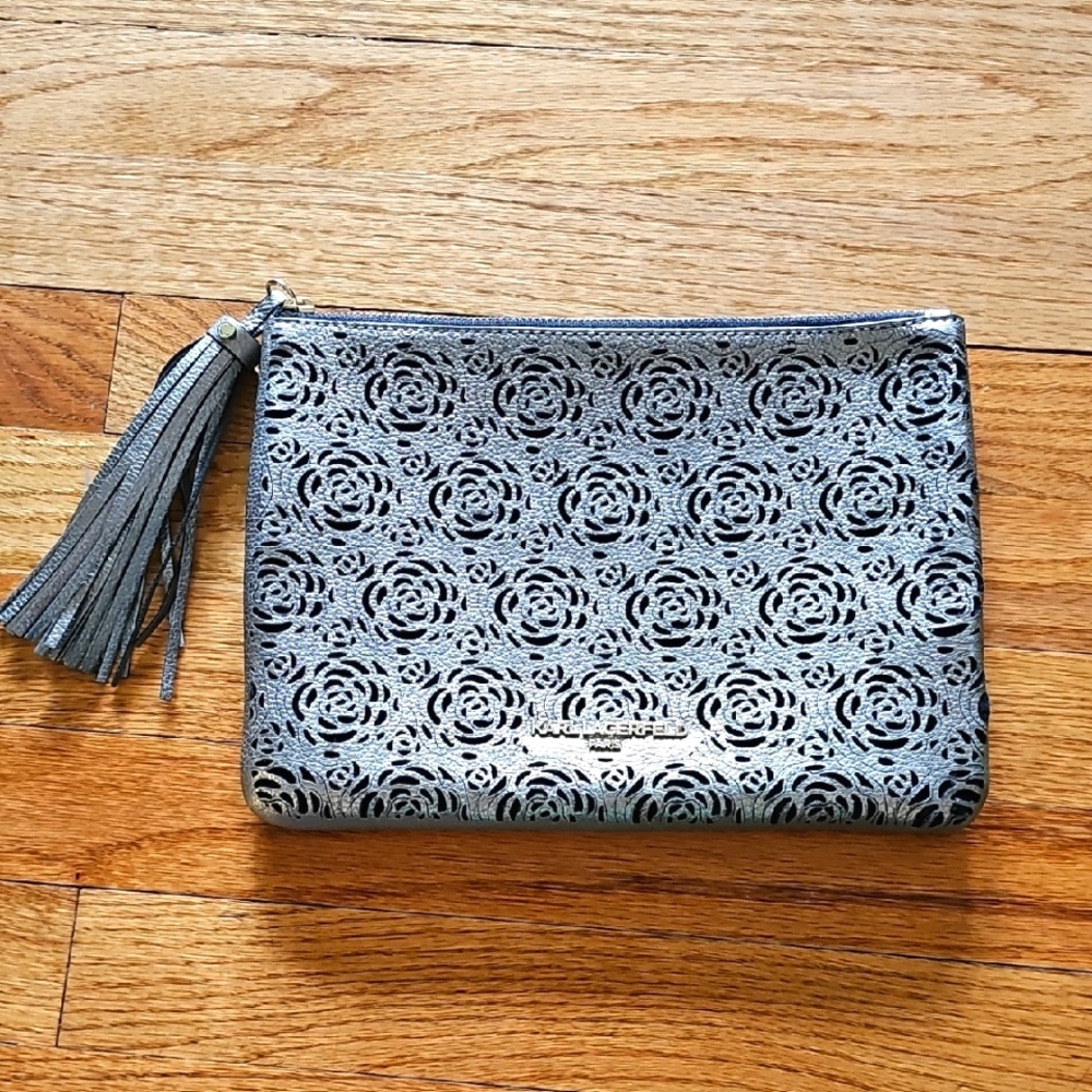 Stylish Silver Gunmetal Karl Lagerfeld Cutout Rose Clutch With Tassel